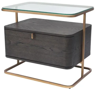 Produktbild von Casa Padrino Luxus Beistelltisch Mokka / Messing 65 x 46 x H. 57 cm - Edler Nachttisch mit Glasplatte und Schublade - Luxus Möbel