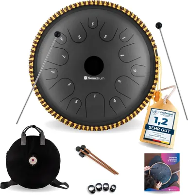 Produktbild von Sonodrum Zungentrommel: C - Dur in Schwarz - 38 cm mit 14 Tönen, Steel Tongue Drum inkl. Liederbuch, Schlägel, Fingersticks und Tragetasche