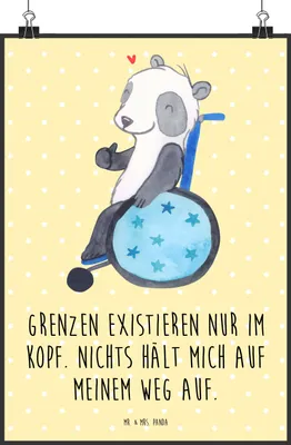 Produktbild von Mr. & Mrs. Panda Bild Panda Rollstuhl DIN A3 - Gelb Pastell - Geschenk, drucke, Wandbild, Deko Poster, wanddeko, Kunstdruck
