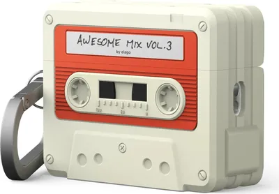 A product shot of an Apple AirPods Pro case designed to look like a retro cassette tape.
