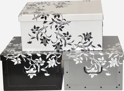 Produktbild von Set: 3 x Deko Karton "Barock Blumen" in Schwarz, Weiß und Grau. Maße: ca. 51 x 37 x 24 cm