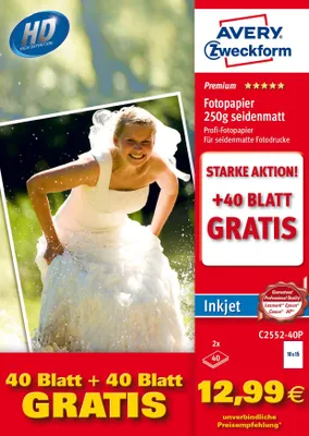 Produktbild von Avery C2552-40P, Satinmatt, 250 g/m², Tintenstrahl, Weiß, 80 Blätter,Mix Credit