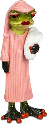 A frog figurine dressed in a pink nightgown and cap, holding a pillow.