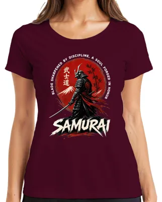Immagine prodotto di Maglietta da donna con stampa "Samurai, Bushido, Giappone, Katana, Guerriero, Fuji, Sole, Retro, Y2K, Ronin", colore bordeaux, taglia XXL
