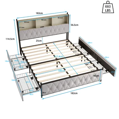 Immagine prodotto di Letto matrimoniale 180 x 200 cm, 4 cassetti, connessioni USB/Tipo C, illuminazione LED, rete a doghe, velluto beige.