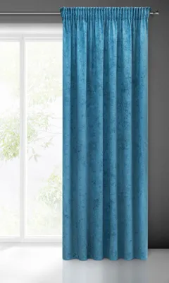 A single turquoise curtain hangs in front of a window.
