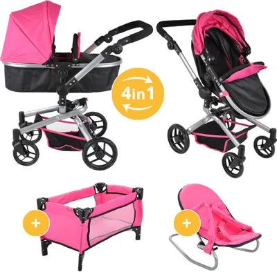 Produktbild von Bandits and Angels Black Angel 4-in-1 Megapack Puppenwagen ab 3 Jahren für Mädchen – Spielzeug Kinderwagen, Buggy, Puppenbett und Wippe – Rollen – Schwarz/Rosa Puppenwagen