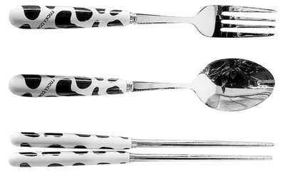 Produktbild von Reisebesteckset mit Etui aus Edelstahl – Tragbares Besteck mit Gabel, Löffel und Essstäbchen für Erwachsene im niedlichen Kuhdesign