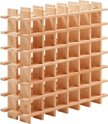 A wooden wine rack with multiple compartments.