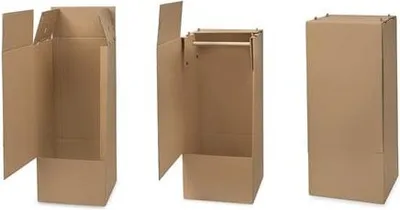 Three images of a cardboard wardrobe box, showing it unfolded, assembled with a hanging rod, and closed.