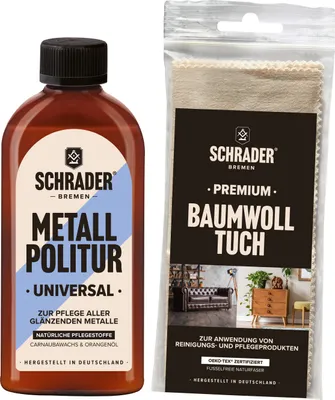 Produktbild von SCHRADER Metall Politur + Baumwolltuch - zum Polieren von unlackierten und glänzenden Metallen - 250ml