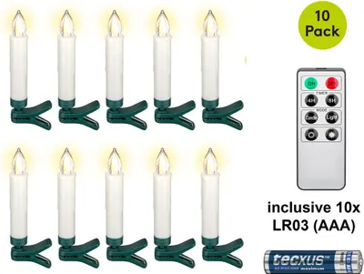 Zdjęcie produktu dla Goobay 75257 10 bezprzewodowych świeczek choinkowych LED z 10x AAA (LR03), biało-zielone - z zaciskami, funkcją timera i pilotem, ściemniane, ciepła biel (2500-2700 K)