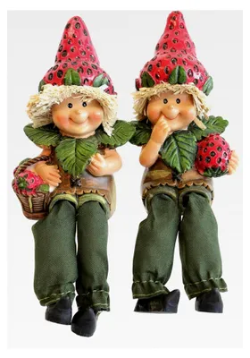 Produktbild von 2er Set Erdbeerkinder Erdbeerhut Kantenhocker mit Schlenkerbeinen Sommer Dekorationsfiguren aus Kunststein Größe ca. 13 cm