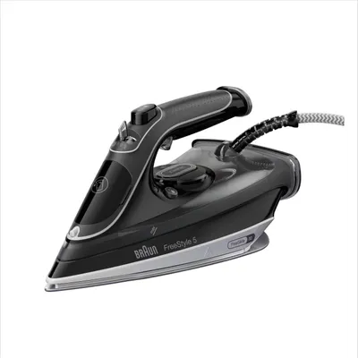 A studio shot of a black Braun iron on a white background.