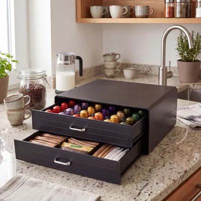 Obrázok produktu pre Box na kávové kapsule s zásuvkami HWC-L98, úložný box s 2 zásuvkami, rozmery 14 x 34 x 33 cm ~ čierny