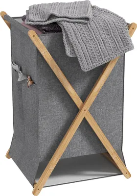 Produktbild von HOMCOM Wäschesammler, faltbar, 55 l, Wäschesammler aus Stoff und Bambusrahmen, für Schlafzimmer und Wäsche, Naturholz und Grau
