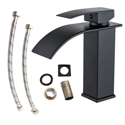 A black waterfall faucet with accessories on a white background.