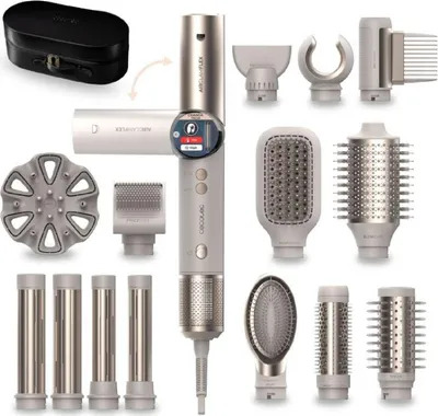 Immagine prodotto di Asciugacapelli 14 accessori Cecotec AirGlam 14in1 Flex Champagne. 1400W, 110000RPM, schermo, tecnologia Coanda