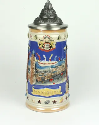 Produktbild von Bierkrug mit Deckel Hamburg Wahrzeichen hellblau 24 cm 0,5 Liter