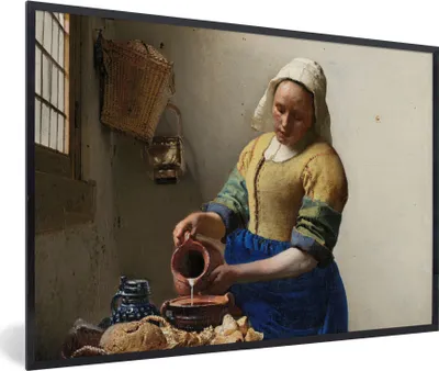 Produktbild von MuchoWow® Gerahmtes Poster Das Milchmädchen - Gemälde von Johannes Vermeer 90x60 cm - Poster mit Schwarzem Bilderrahmen Wandposter Rahmen Foto Bilder - Fotorahmen - Foto-Plakat