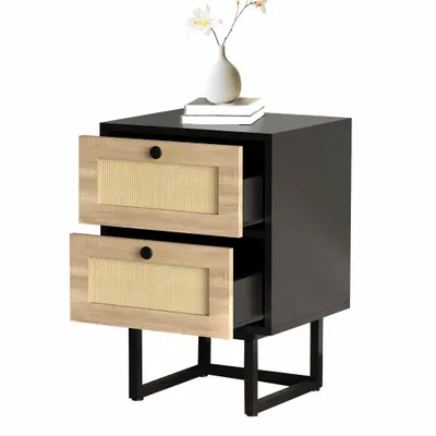 Produktbild von WAOHO  Nachttisch Rattan，2 Schubladen，Sofatisch，Beistelltisch，Nachtkommode，57x40x34cm
