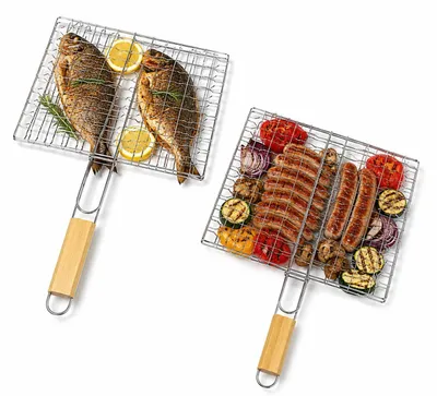 Immagine prodotto di 2 griglie per barbecue da 23x21 cm con manico in legno – Set di griglie in metallo per pesce, carne e verdure – Cesto per barbecue in metallo, ideale per barbecue a carbone, campeggio, giardino, picnic e attività all'aperto