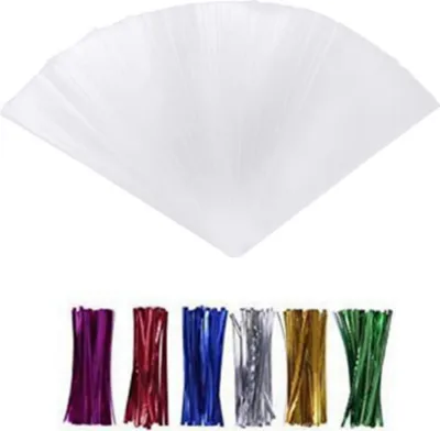 Produktbild von 100 Stück transparente Tüten für Süßigkeitentüten – transparente Zellophantüten mit bunten Bändern, perfekt für Leckereien, Kekse und Partygeschenke