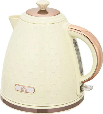 A studio shot of a beige electric kettle with rose gold accents.