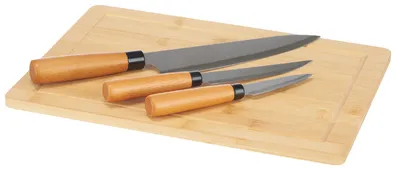 Image de Planche à découper en bambou ORVA avec 3 couteaux à manche en bambou