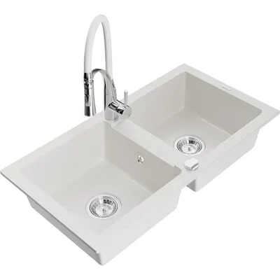 Obrázok produktu pre Mexen Mario granitový dvojkomorový drez s kuchynskou batériou Aster, Biela - 6504-20-73450-02