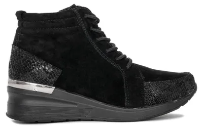 Produktbild von Schwarze Damen Stiefeletten aus Nubukleder mit 5 cm Keilabsatz, Reißverschluss und Schnürung, weich gefüttert