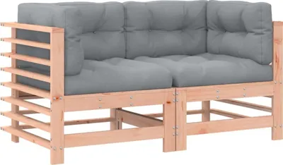 A two-seater corner sofa with gray cushions and a wooden frame, shown from the front.