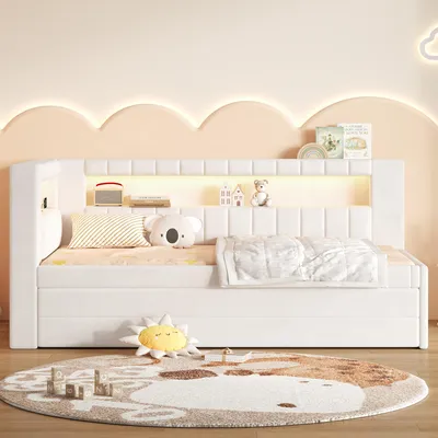 Produktbild von MODFU Tagesbett 90x200 mit Ausziehbett,Funktionsbett mit LED und USB-Anschluss, Polsterbett Jugendbett mit Stauraum,ohne Matratze,Weiß