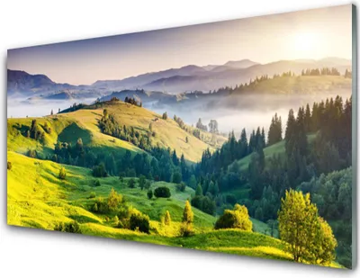 Produktbild von Küchenrückwand aus Glas 100x50cm Spritzschutz Gebirge Feld Wald Nebel Natur