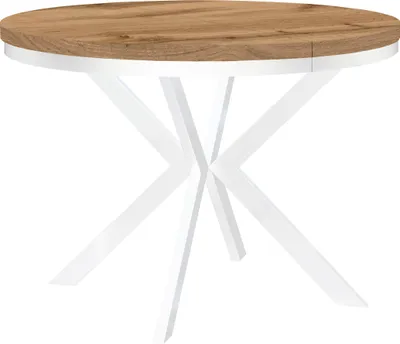 Produktbild von Runder Ausziehbarer Tisch für Esszimmer ENDIK mit Ring-Gestell und Metallbeinen, Durchmesser: 100 / 200 cm, Farbe: Eiche Wotan / Weiß