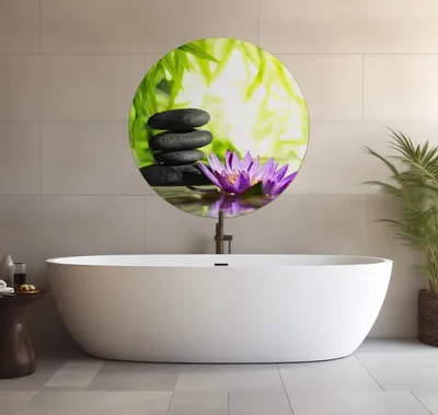 Produktbild von Wallario wasserfestes Poster selbstklebend 90 x 90 cm, Steinstapel in schwarz mit Blumenblüte in lila, Badezimmerposter Spritzschutz mit Hochglanzoberfläche in Glasoptik