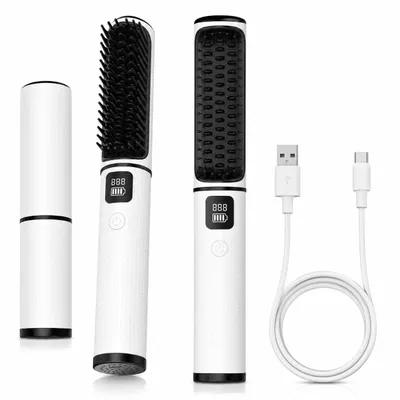 Produktbild von 2 in 1 Kabelloser Haarglätter, Lockenbürste und Glätteisen mit 5000mAh Akku, Keramik Heizplatte, Ionen Haarbürste, USB-C Ladefunktion, tragbar