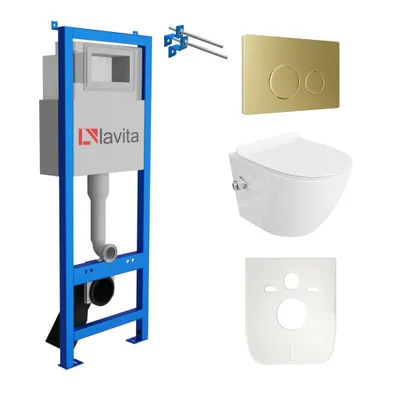 Produktbild von Lavita LAV 101 Vorwandelement für WC 40cm + Wand Hänge Tiefspül WC SALTO Weiß Spülrandlos + Bedienplatte LAV 200.4.5 Gold | Komplettset | Unterputz Spülkasten | Toilette Komplett Sett