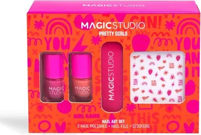 Obrázek produktu pro MAGIC STUDIO | Sada laků na nehty pro dívky, růžová a oranžová, pilník na nehty, růžové samolepky, dárková krabička | Dárková sada, pro ženy