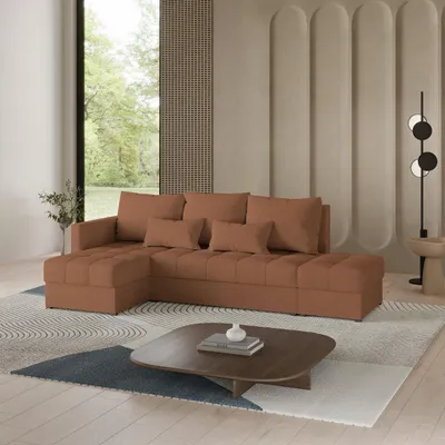Produktbild von Masseno Ecksofa LUMARI L-S mit Schlaffunktion L-Form, Sofa mit Bettkasten, Wohnzimmersofa, Couch, Soffa, Bettsofa, Couchgarnitur- Orange, NEVE 52