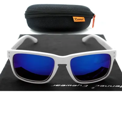 Produktbild von Rechteckige Nerd Sonnenbrille Weiß Matt Herren Damen Verspiegelt Blau Markenbrille mit Rennec Brillenbox