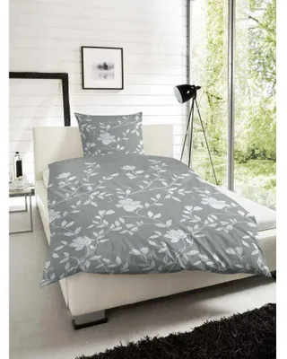 Produktbild von Satin Bettwäsche Blumen Grau 200x200 cm + 2Stk 80x80 cm