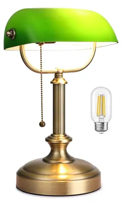Obrázek produktu pro Skleněná stolní lampa s bronzovým podstavcem a zeleným stínidlem, starožitná
