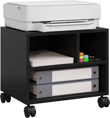 Image de Table de travail pour imprimante sur roulettes, avec 3 compartiments ouverts | 40 x 30 x 35 cm