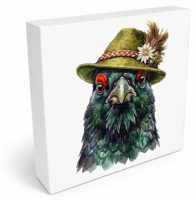 Produktbild von Trachtenhut Feder-Tiere Auerhahn Holzbild in 20x20 cm zum Stellen oder