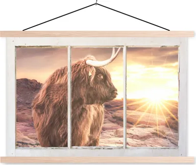 Produktbild von MuchoWow® Textilposter Schottisches Hochlandrind - Aussicht - Sonnenuntergang 60x40 cm mit holzfarbenen Rahmen - Bilder