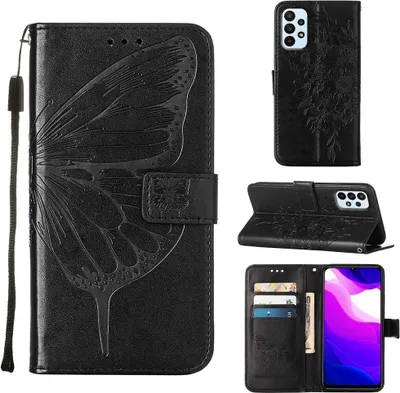 Produktbild von Galaxy A23 4G Hülle, Schmetterling Prägung Flip Leder Kartenfächer Schutzhülle Ledertasche mit Ständer für Samsung Galaxy A23 4G / 5G Schwarz