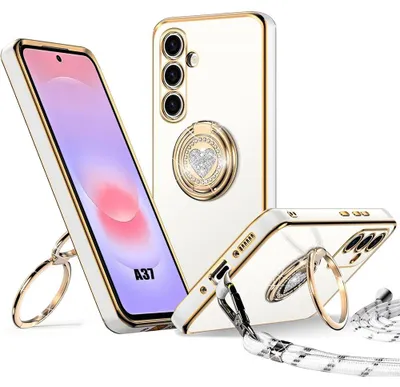 Image de Coque pour Samsung Galaxy A37 5G, Silicone avec Anneau Motif Coeur Brillant et Cordon - Blanc