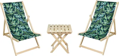 Two deck chairs and a small folding table are arranged on a white background.