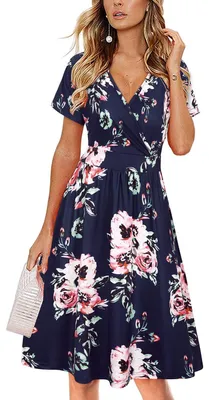 Imagen del producto de Vestido de verano con mangas cortas, cuello en V, corte envolvente y bolsillos, estampado floral, talla XXL